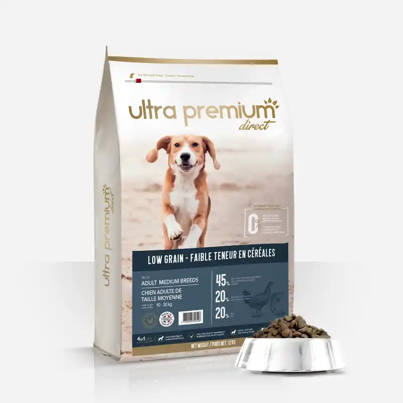 ultra premium paquet chien taille moyenne 10 à 20 kg, chien de taille moyenne, faible en céréales