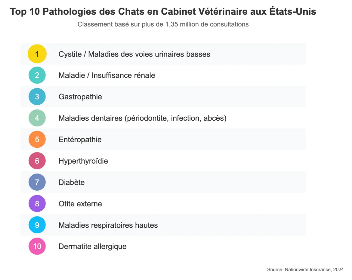 Pathologies les plus courantes des chats selon l'assurance américaine NationWide